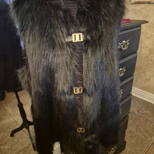 Calvin Klein Black Faux Fur Vest with Gold Zipper